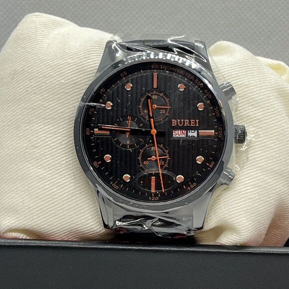 Burei B-7001M Men's Black Leather Analog Dial Quartz Genuine Wrist Watch JMB77 - Picture 2 of 12